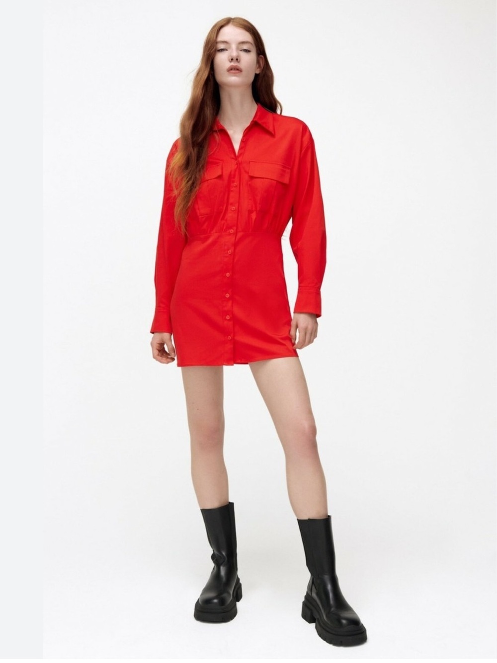 Zara Red Poplin Mini Shirt Dress with Long Sleeves NWT